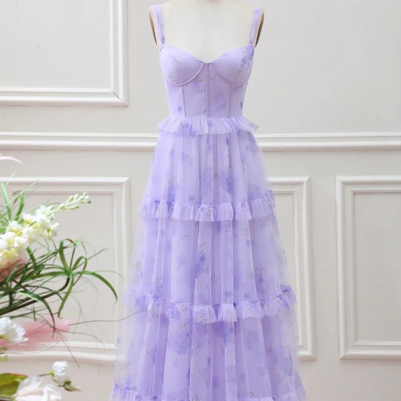 Berylove Lavender A Line Corset Spaghetti Straps Floral Tiered Maxi Dress - Picture 1 of 5